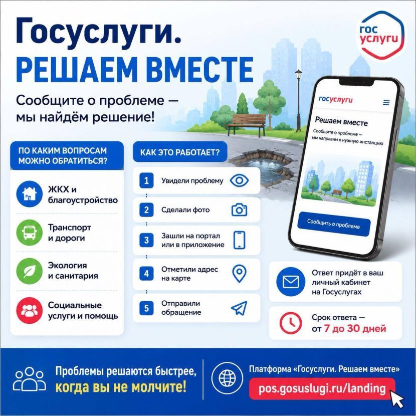 Сообщить о проблеме стало проще: работает платформа «Госуслуги. Решаем вместе» Сообщить о проблеме стало проще: работает платформа «Госуслуги. Решаем вместе»